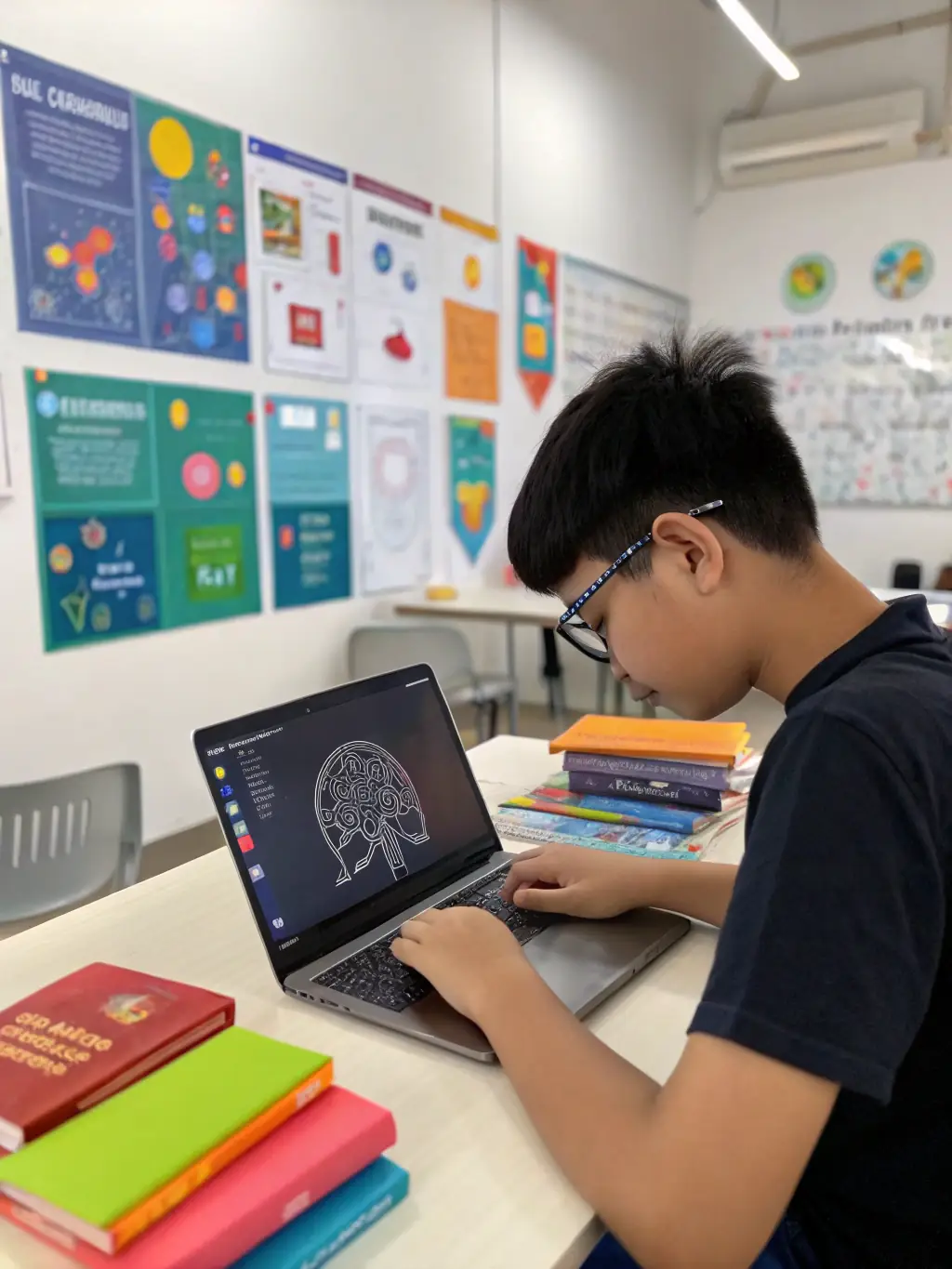 A focused student coding during an AI course, surrounded by learning materials and a collaborative environment.