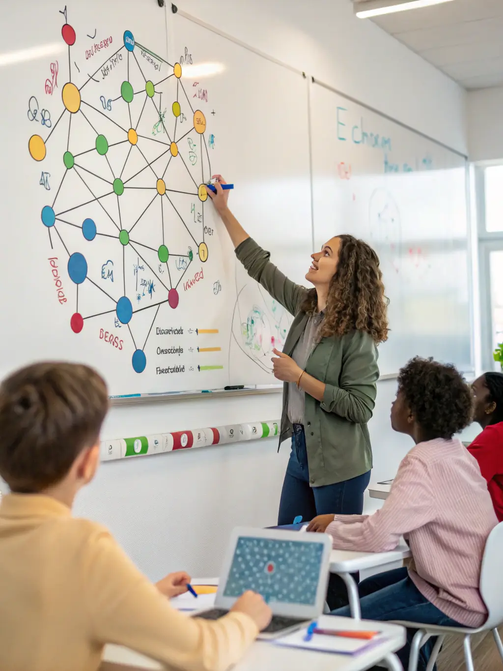 An instructor explaining deep learning concepts using a neural network diagram on a digital whiteboard.