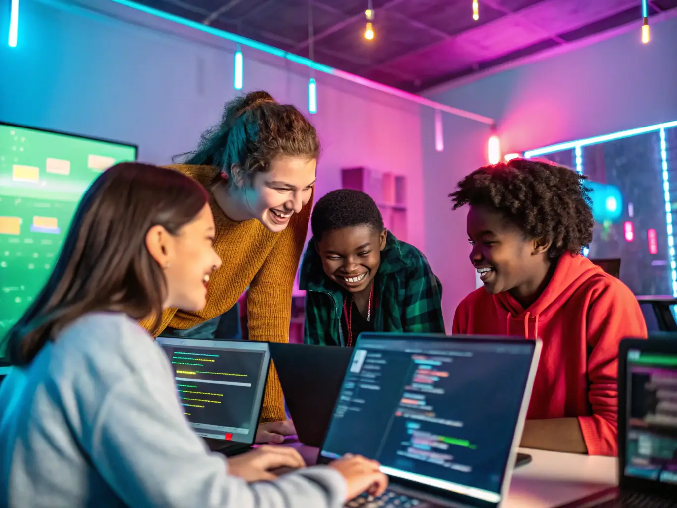 A diverse group of students are collaboratively working on a machine learning project, using laptops and engaging in discussions in a modern classroom setting, reflecting the collaborative learning environment of aitraining.site's ML courses.