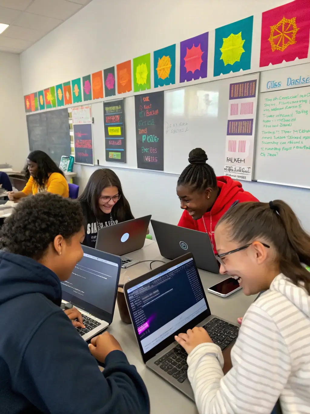 A diverse group of students participating in a machine learning workshop, using datasets and visualization tools.
