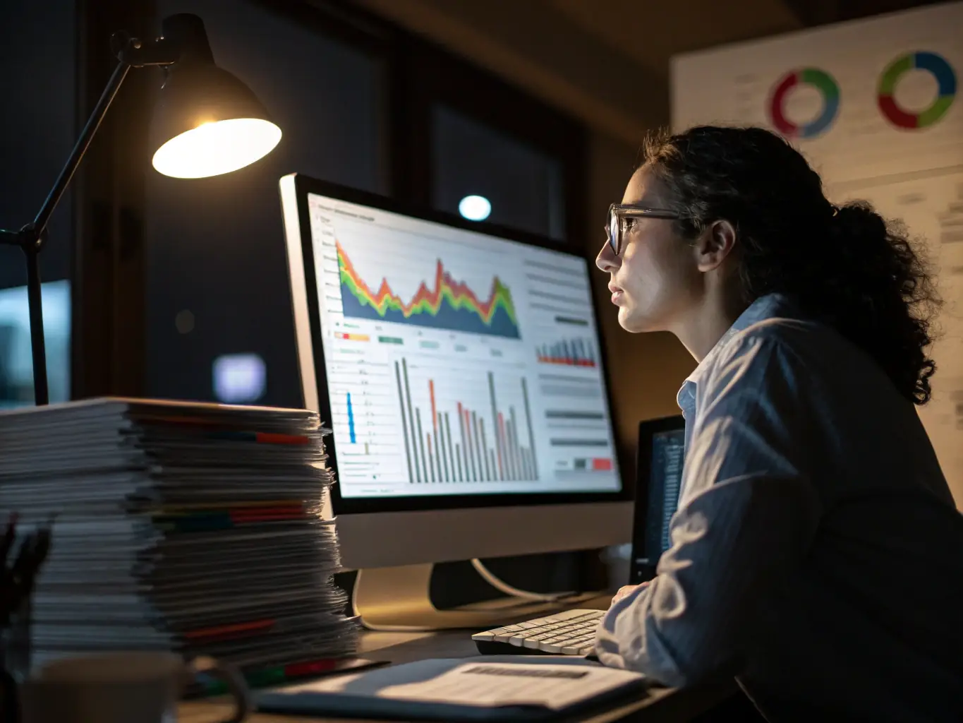 A professional data scientist is analyzing a complex dataset using machine learning tools on a large monitor, showcasing the practical application and data-driven approach of aitraining.site's ML training.